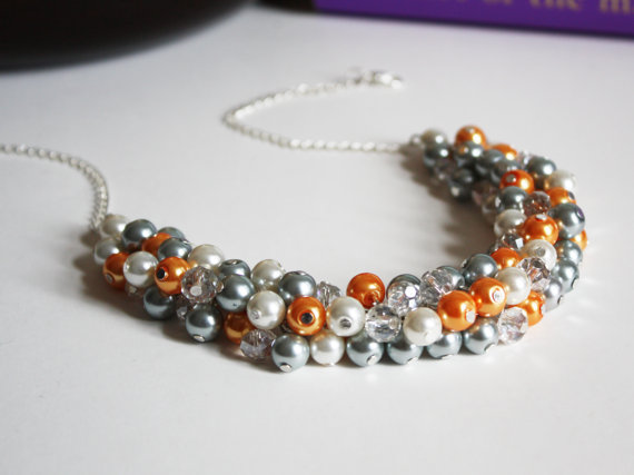 Mariage - Wedding Necklace, Gray Orange Bridesmaid Necklace, Bridal Jewelry, Cluster Pearl Necklace, Gray and Orange Necklace, Pearl Cluster Necklace