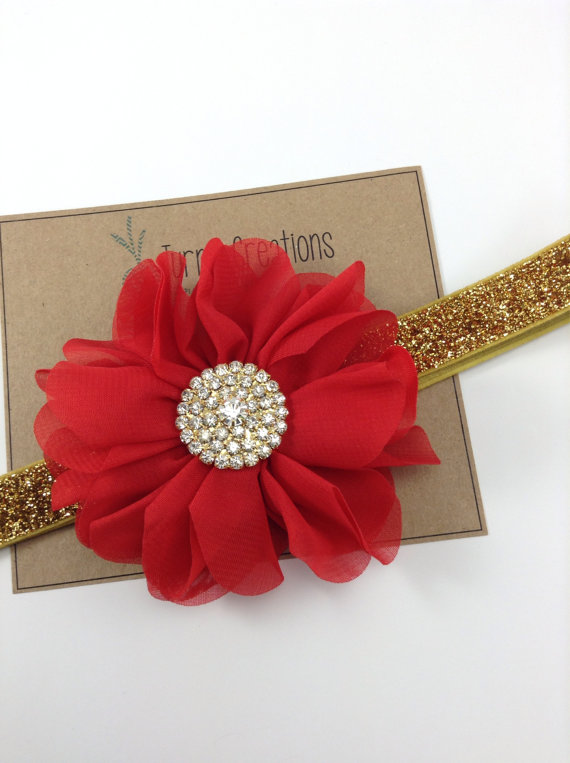 Hochzeit - Red & Gold Headband Christmas Headband Ballerina Flower Headband Glitter Wedding Flower Girl Headband Rhinestone