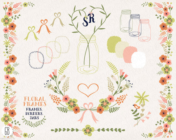 Wedding - Floral frames, flower border, mason jars, ribbon, clip art, vector, muscari, birthday card, party stationery, table card, wedding invitation