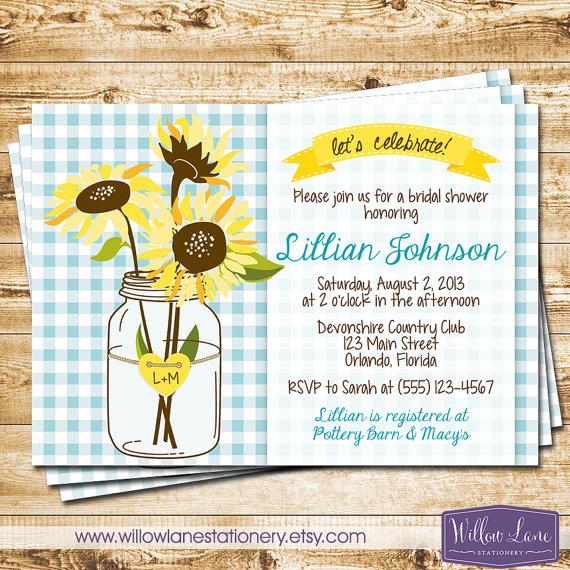Wedding - Sunflower Mason Jar Bridal Shower Invitation - Blue Gingham Plaid - Wedding Shower Invite - Summer Picnic - 1264 PRINTABLE