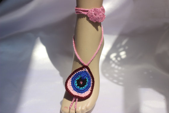 Mariage - Evil Eye Barefoot Sandals, Pink Crochet Wedding party shoes-Bridal Foot jewelry-Beach Wedding Shoes-Bridal shoes-footless sandals