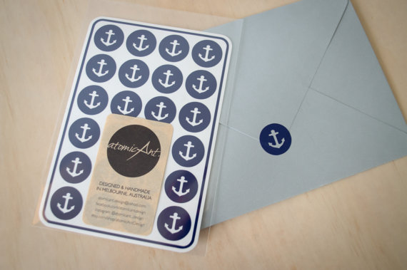 Свадьба - 24 Anchor Stickers in Sky, Navy & Grey - Handmade Envelope Seals - Wedding invitations - Nautical Theme - Hershey Kiss - Bridal Shower