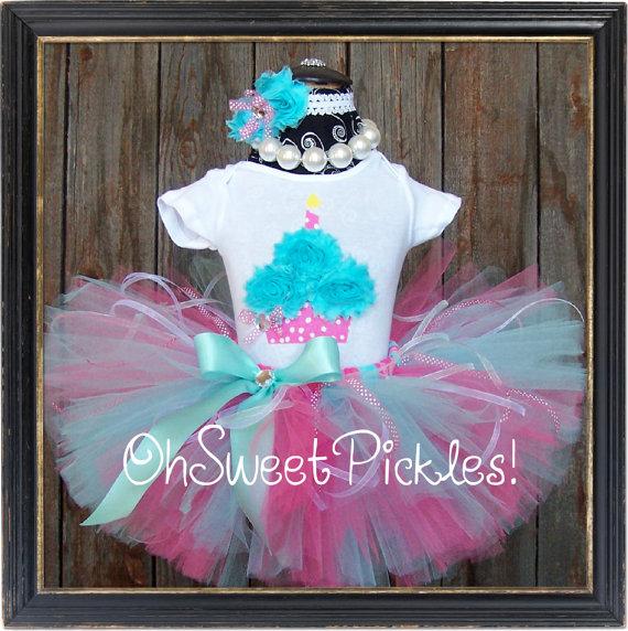 Wedding - Ready to Ship BABY CAKES  - Includes Birthday Tutu Skirt Set, Hairclip/Headband And 3D Cupcake Shirt - Size 12-24 m