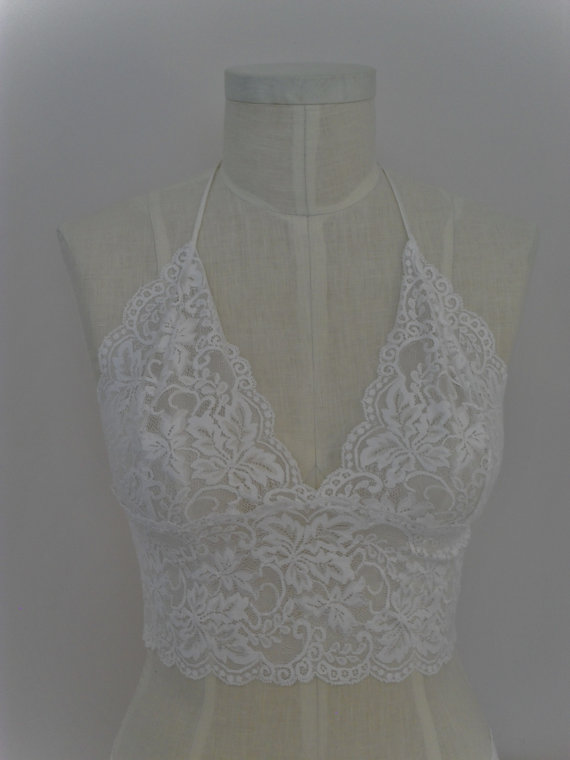 زفاف - Bralette Fitted Camisole in White Stretch Lace With Satin Straps Halter Style