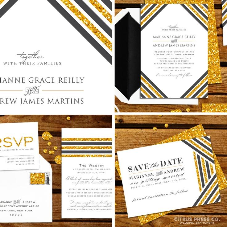 زفاف - Save The Date Art Deco Stripe Gold,Glitter, Sparkle - Available As PDF Printable