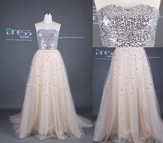 Mariage - Champagne Sweetheart Neckline Sequins Tulle A Line Prom Dress/Sexy Silver Sequins Long Party Dress/Engagement Party Dress DH335
