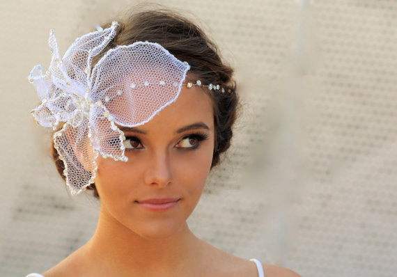 Hochzeit - Bridal Tulle Flower Birdcage Veil With Detachable Crystal Headband- Delilah