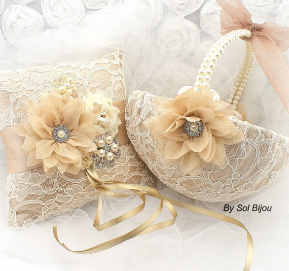 Свадьба - Ring Bearer Pillow, Pearl Flower Girl Basket, Wedding, Champagne, Tan, Ivory with Crystals, Brooch, Lace, Vintage Wedding