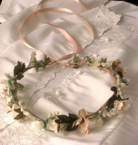 Wedding - Champagne wedding headpiece Dried Flower style Bridal Crown ivory hair wreath by AmoreBride Headdress acessories garland girl halo circlet