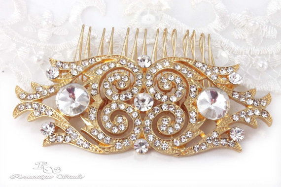 Mariage - GOLD Art Deco hair comb crystal wedding hair comb wedding hair accessories vintage style bridal hairpiece Gatsby hair comb 5165G