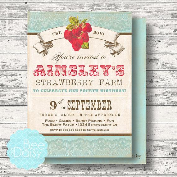 Wedding - Vintage Strawberry Invitation - Girls Berry Birthday Party or Baby Shower Invitation - Printable Invite by BeeAndDaisy