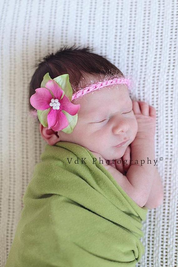 Hochzeit - Pink and Green Flower Headband Halo, Newborn Photo prop