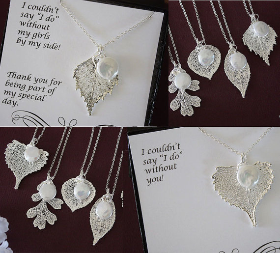 Свадьба - 4 Leaf Bridesmaid Necklace Gift, Pearl Necklace, Bridesmaid Necklaces, Silver Leaf, Real Leaf, Pendant, Bridal Gift, Thank You Card