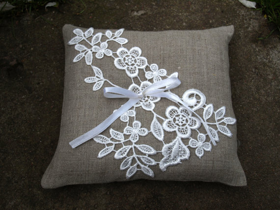 Hochzeit - Natural Grey Linen Wedding Pillow With Flower Lace - Ring Bearer Pillow - Wedding Ring Pillow