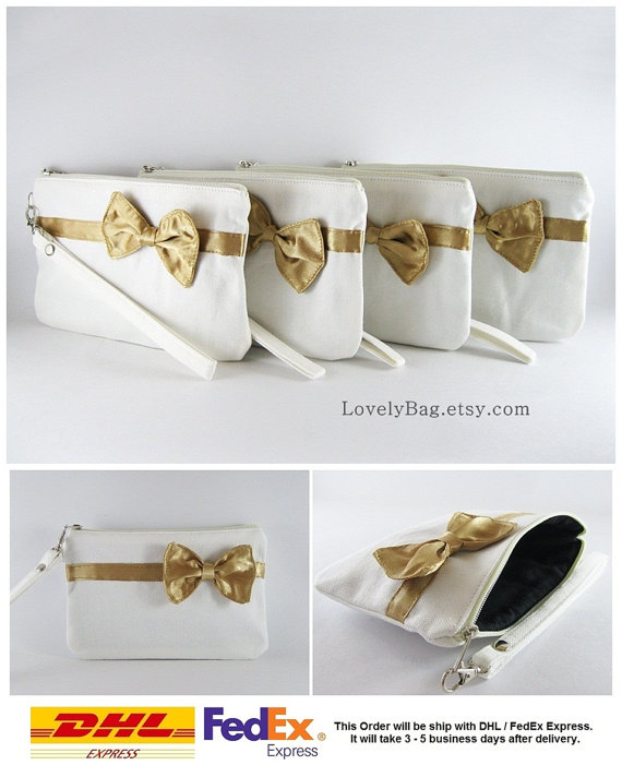 Wedding - SUPER SALE - Set of 6 Ivory with Little Gold Bow Clutches - Bridal Clutches,Bridesmaid Wristlet,Wedding Gift,Zipper Pouch - Made To Order