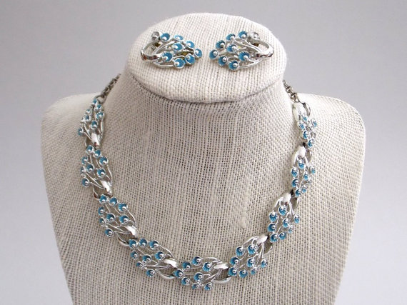 Wedding - Blue Floral Bouquet Demi Parure - Silver Enamel Necklace and Earrings - Vintage 1970s Matching Set