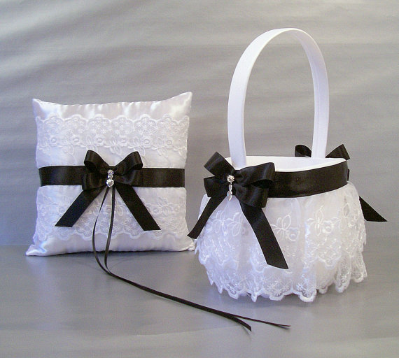 Wedding - Black Wedding, Bridal Flower Girl Basket and Ring Bearer Pillow Set on Ivory or White ~ Double Loop Bow & Hearts Charm ~ Allison Line