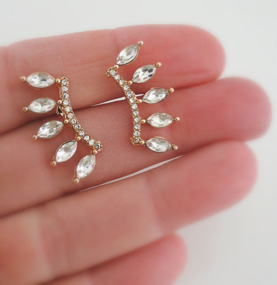 Wedding - Climber Earrings - Gold Earrings - Crystal Earrings - Ear Crawlers - Bridal Earrings - Stud Earrings