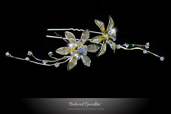 Wedding - Bridal Hair Pin, Gold Crystal Flower Wedding Hair Pin Floral Rhinestone Head  Piece Pin Bridesmaid Flowergirl Hair Pin Accessories