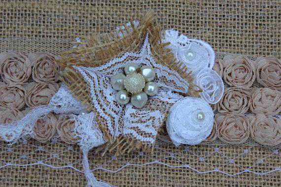 Hochzeit - Burlap and Lace Headband or Boot Cuff with Bird Cage Veil, Pearls, Roses and Something Blue - for Rustic, Boho Wedding Bridal Hair Piece