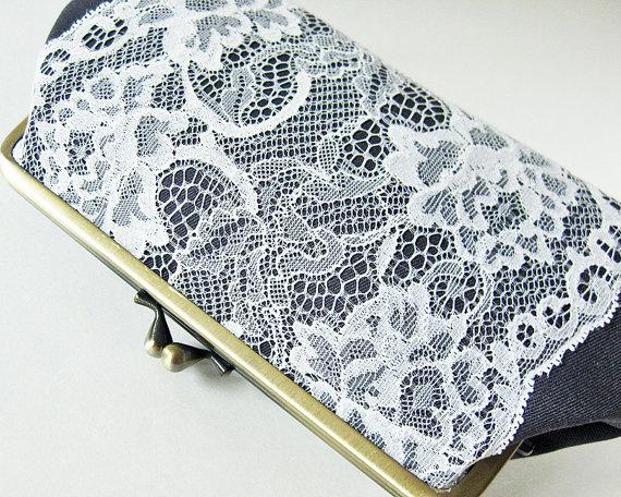 Mariage - Clutch - white lace on gray wool kiss lock clutch purse - ivory white lace wedding bridal bridesmaids purse formal elegant Victorian
