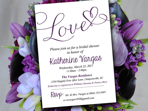 زفاف - Bridal Shower Invitation Template - Wedding Shower Invitation - Eggplant Purple "Love" Heart - Bridal Luncheon Template Download