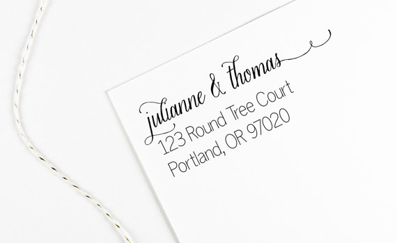 زفاف - Return address stamp with script name and swashes, wedding address stamp, self inking, rubber stamp wood handle