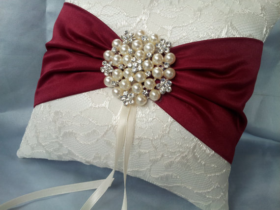 Wedding - Ivory Dark Red Ring Bearer Pillow Lace Ring Pillow Pearl Rhinestone Accent Cranberry Apple Red