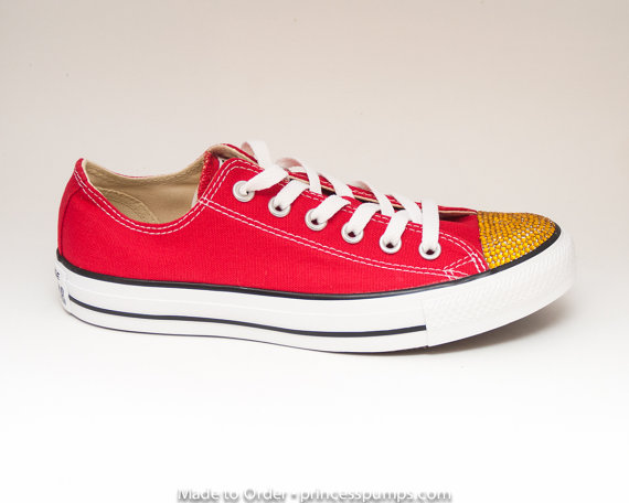 زفاف - Swarovski Crystal Rhinestoned Toes on Red Converse Low Top Sneakers Shoes