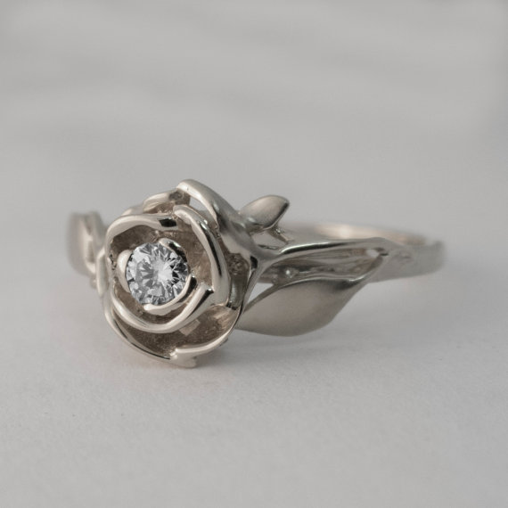 زفاف - Rose Engagement Ring No.3 - Platinum and Diamond engagement ring, engagement ring, Platinum leaf ring, flower ring, art nouveau, vintage