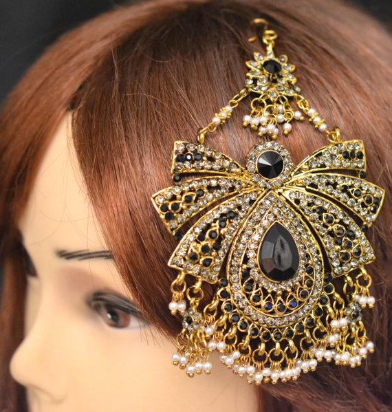 Hochzeit - Gold/Black Crystal Pearl Indian Side Matha Patti Tikka Passa Head Chain Jewelry Bridal Prom