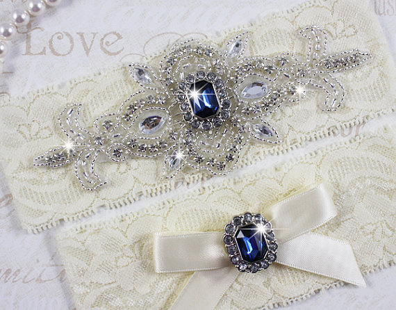 Hochzeit - MADRID II - Sapphire Blue Wedding Garter Set, Ivory Lace Garter, Rhinestone Crystal Bridal Garters, Something Blue