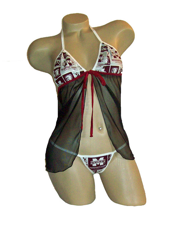 Wedding - NCAA Mississippi State Bulldogs Lingerie Negligee Babydoll Sexy Teddy Set with Matching G-String - Size S/M - Ready to Ship