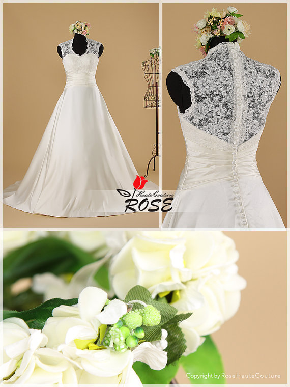 Свадьба - A Line High Neck Wedding Dress with Sweetheart Neckline and Transparent Lace Back Style WD084