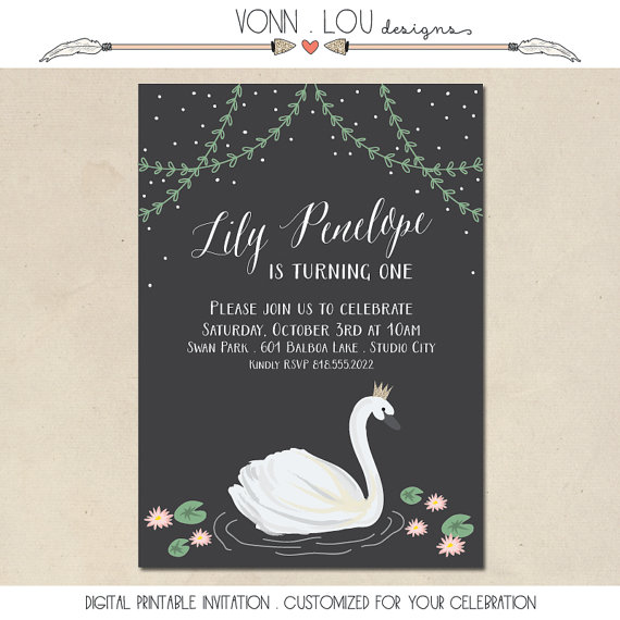 Hochzeit - swan invitation - swan party theme - birthday - baby shower - wedding - hand illustrated - simple - DIY - custom invite - printable