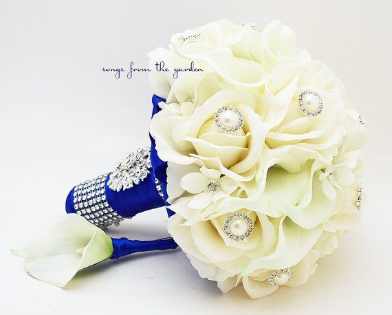 Hochzeit - Reserved - Real Touch Bridal Bouquet Stephanotis Roses Calla Lilies White Cobalt Blue & Groom's Boutonniere Bridesmaids Bouquets