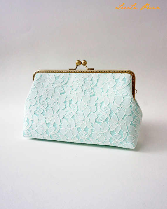 Wedding - Mint Green Wedding Party / Bridesmaid Chantilly Lace Clutch, choose your own initial option / Fall Bridesmaid Gift / Vintage Wedding