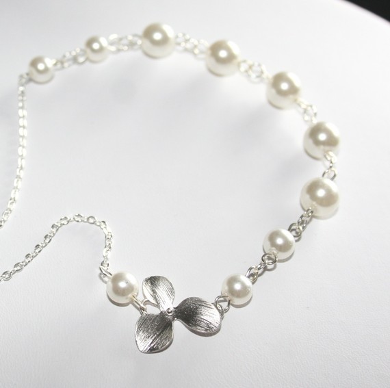 Wedding - White Pearls with Silver Orchid Necklace , Orchid Necklace, Pearls neckalce, Wedding Jewelry, Bridesmaid Gift, Sterling Silver
