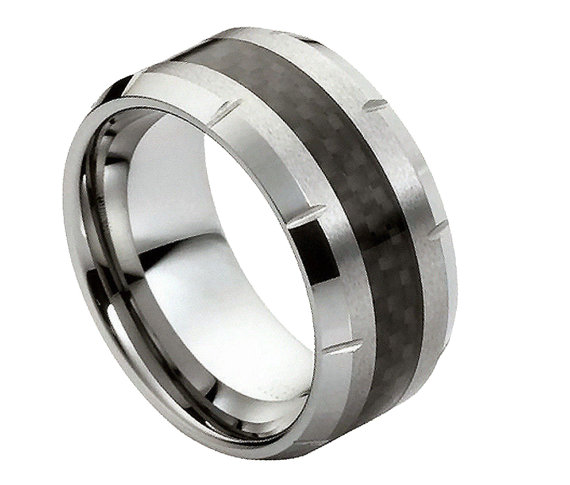Wedding - 10MM Tungsten Wedding Band Comfort Fit Black Carbon Fiber Inlay Beveled Edges Promise Engagement Ring for Men Women SNUJDTIOQ