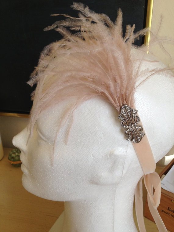 Wedding - Hair Accessories, Gatsby Headpiece, 1920 Fascinator, 1920s Wedding Headband, Blush, Champagne Feather Fascinator