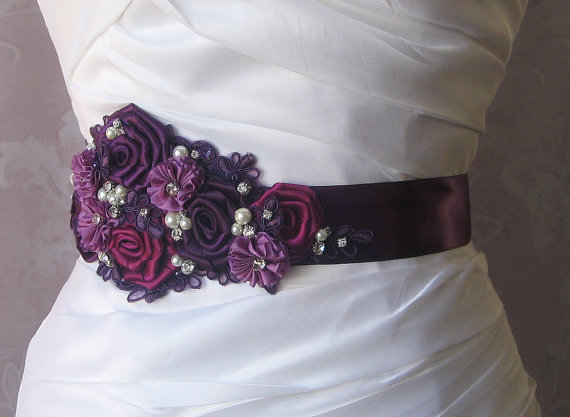 زفاف - Purple Bridal Sash, Eggplant, Berry Wedding Belt with Handmade Flowers , Pearls, and Crystals, Plum Sash - SHIRAZ
