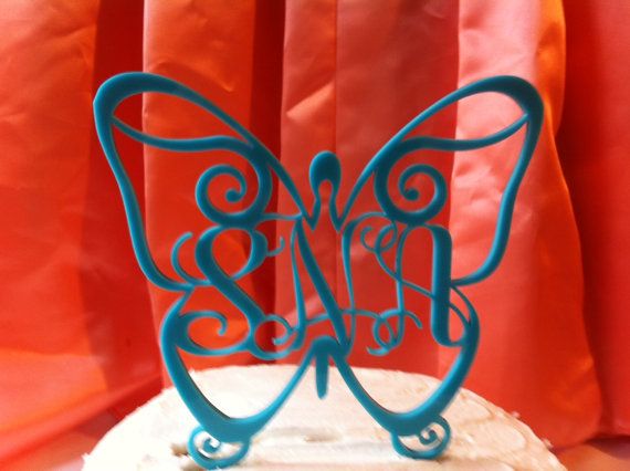 Hochzeit - Monogram Lettered Custom Butterfly Wedding Cake Topper
