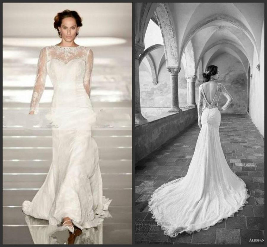Wedding - 2015 Alessandra Rinaudo Long Sleeve Mermaid Wedding Dresses Lace Sheer Bateau Beads Applique V Backless Chapel Train Custom Bridal Gown Online with $140.63/Piece on Hjklp88's Store 