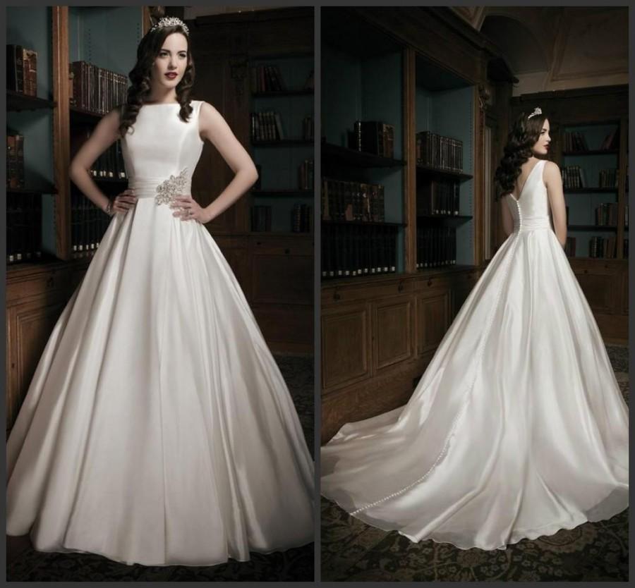 Wedding - Elegant 2015 Justin Alexander Wedding Dresses Bateau with Beaded A Line Covered Button with Satin Fall Church Train Bridal Ball Gowns Online with $129.06/Piece on Hjklp88's Store 