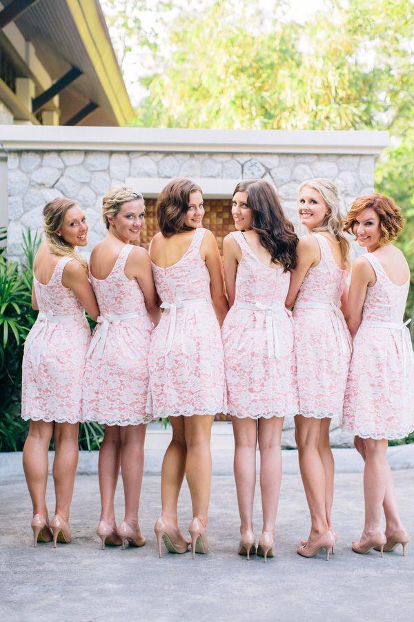 Hochzeit - Pink And White Lace Bridesmaid Dresses.