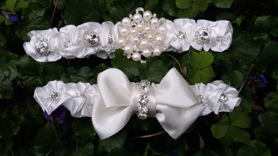 زفاف - Wedding leg garter, Bridal garter set, Garter, Rustic wedding garter, İvory ribbon garter, Bridal accessuary, Pearl and ribbon garter,
