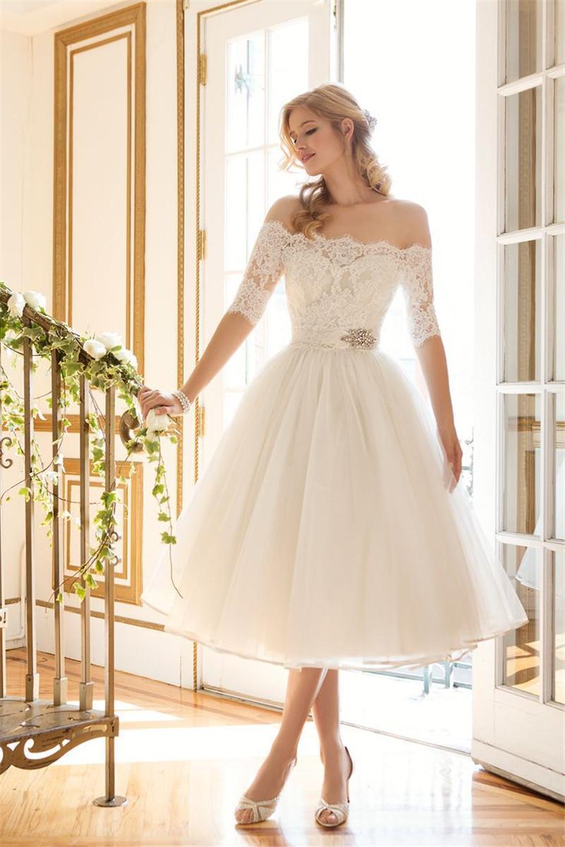 زفاف - Short Off Shoulder Lace Wedding Dresses 1/2 Long Sleeve Rhinestone Sash Sheer Illusion Garden Knee Length A Line Cheap Bridal Ball Gown Online with $111.26/Piece on Hjklp88's Store 