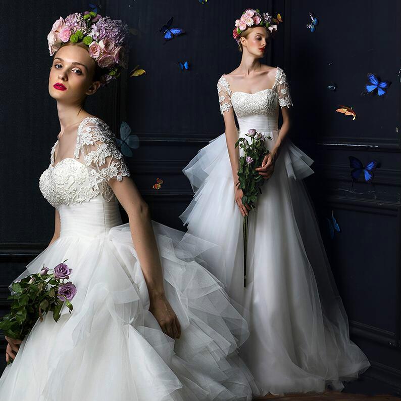 زفاف - Exquisite 2015 Wedding Dresses With Short Sleeve Tulle Beads Applique Capped Sheer Cheap Bridal Dress A Line Ball Gown Chapel Train Online with $130.84/Piece on Hjklp88's Store 