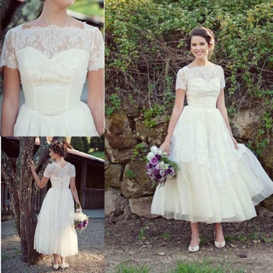 زفاف - Cheap Spring Short Beach Lace Wedding Dresses Plus Size With Short Sleeves A Line Modest Ankle Length Sexy Formal Bridal Ball Gowns Online with $113.93/Piece on Hjklp88's Store 