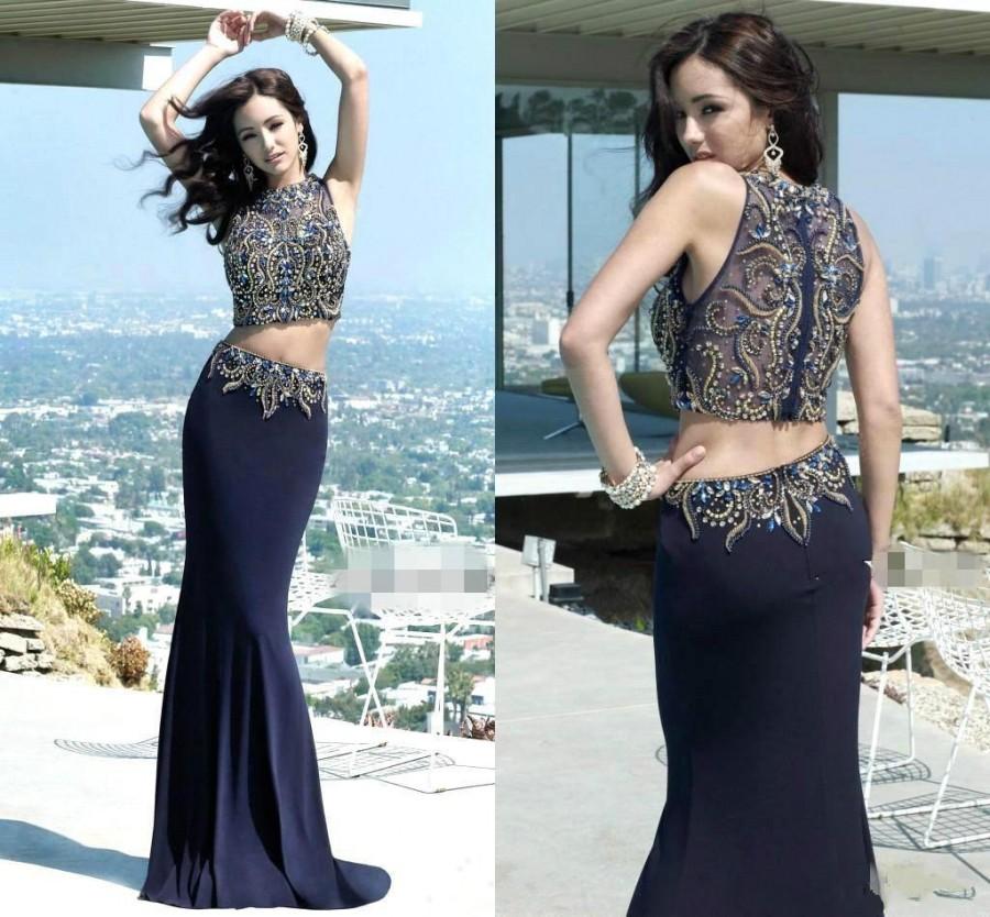 Mariage - Two Pieces Evening Dresses 2015 New Navy Blue High Neck Mermaid Prom Dresses With Beaded Sheer Neck Rhinestones Formal Long Party Gowns Online with $133.51/Piece on Hjklp88's Store 